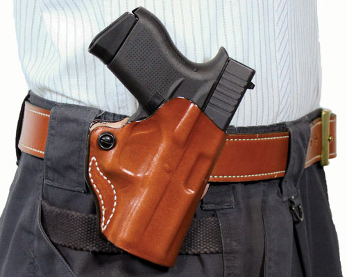 DESANTIS MINI SCABBARD HOLSTER - RH OWB LEATHER 380 SHLD EZ TAN