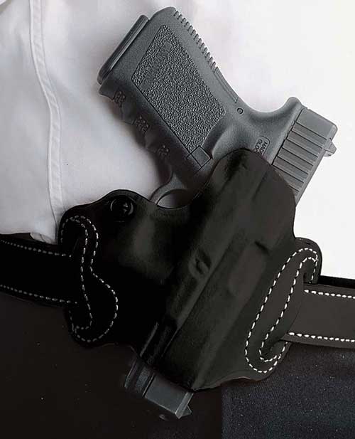 DESANTIS MINI SLIDE HOLSTER - OWB LH LEATHER S/A HELLCAT BLK
