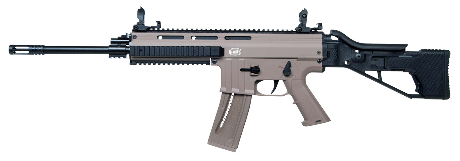 Mauser Rimfire 4150014 M-15  22 LR 22+1 16.50" Barrel w/Flash Hider, Steel Receiver w/Tan Finish, Flip Up Front & Rear Sights, Side Folding Stock w/Adjustable Cheekrest, Manual Thumb Safety