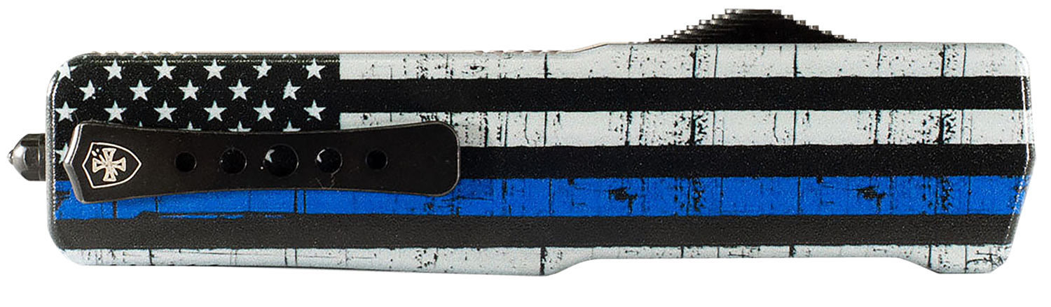 Templar Knife MABTB12 Premium LW We Back You Slim 3.25" OTF Dagger Plain Black Oxide Stonewashed D2 Steel Blade, 5" Black & White w/Blue Line Aluminum Handle