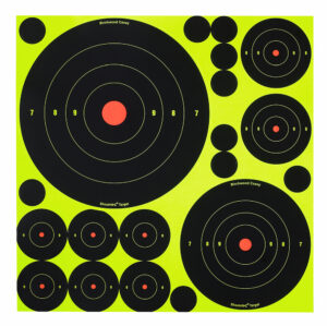 Birchwood Casey 34018 Shoot-N-C Reactive Target Variety Pack Self-Adhesive Paper Black/Yellow Bullseye 50 Pack