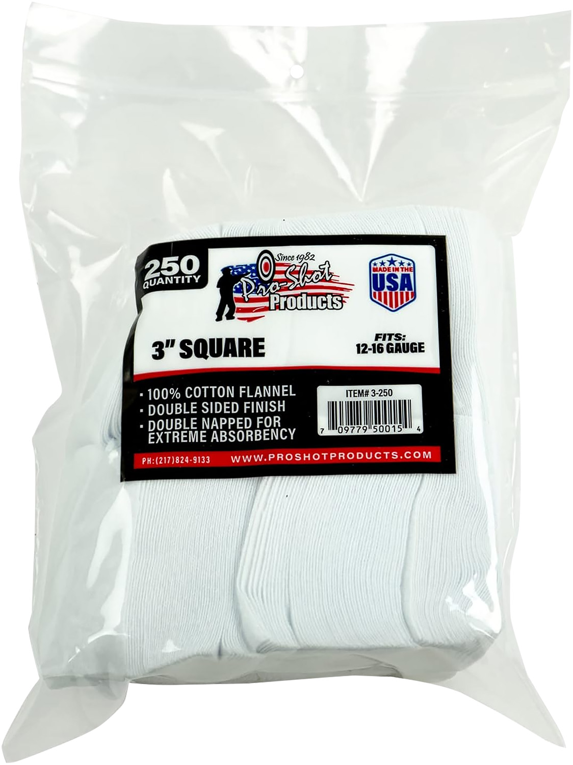 Pro-Shot 3250 Cleaning Patches 12-16 Gauge 3" Square Cotton Flannel 250 Pack