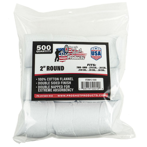 COTTON FLANNEL CLEANING PATCHES - 2" ROUND - .270-.38 CALIBER, 500 COUNT