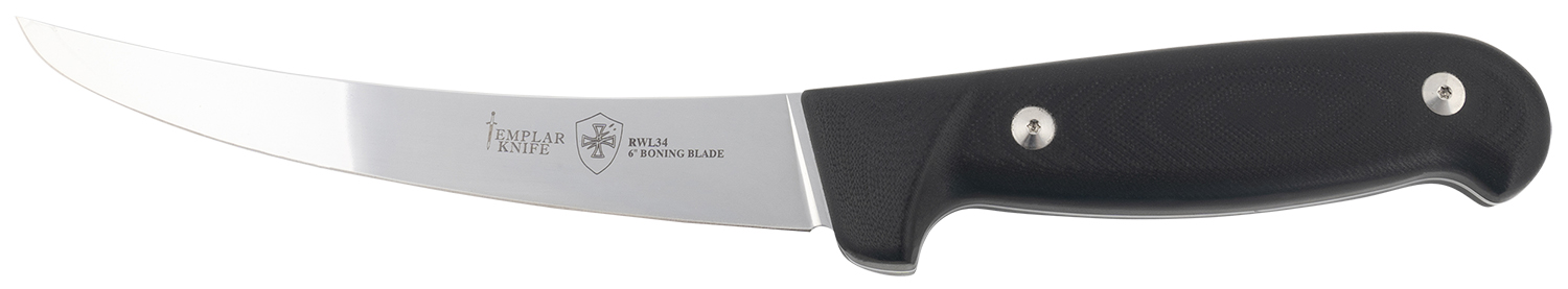 Templar Knife K6BBK362 Boning 6" Fixed Plain Damasteel Blade, 5" Black G10 Handle
