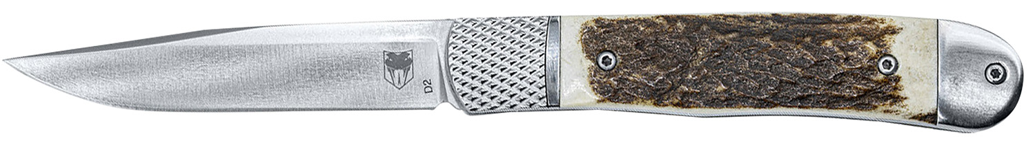 CobraTec Knives CTTHRSTG Trapper Hidden Release 3.12" Flip Open Drop Point Plain Satin D2 Steel Blade, 4.25" Stag Scales Handle