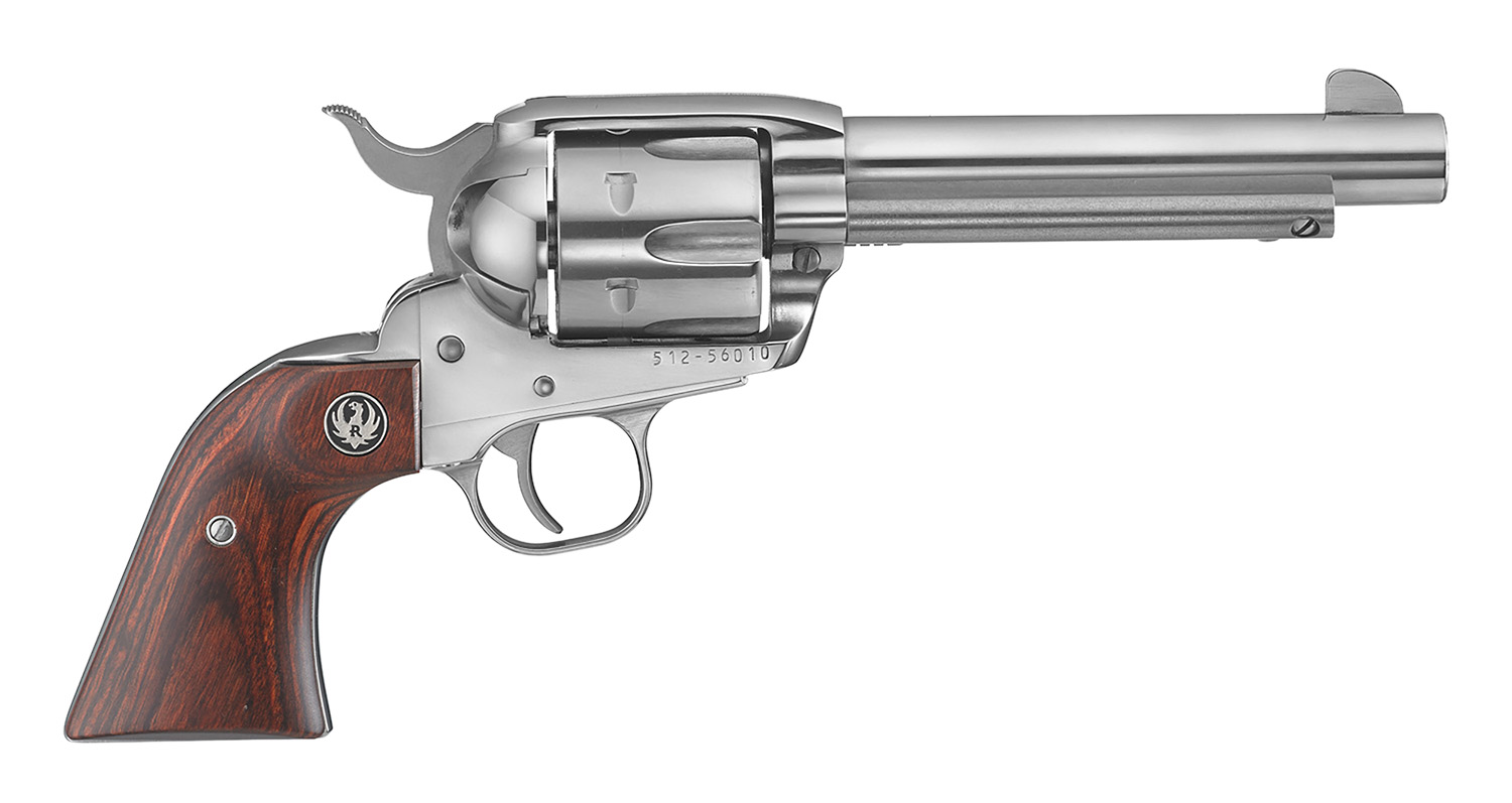 Ruger 5104 Vaquero Medium Frame 45 Colt (Long Colt) 6rd 5.50" High Gloss Stainless Steel Barrel, Cylinder & Frame, Hardwood Grip, Transfer Bar Safety, Exposed Hammer