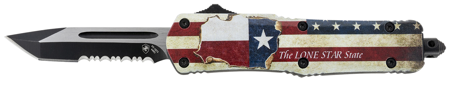Templar Knife STX531 Gen II Texan Small 2.25" OTF Tanto Part Serrated Black Oxide Stonewashed 440C SS Blade, 4.31" Texas Flag Aluminum Handle, Glass Breaker