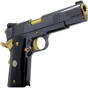 Dickinson LLC DKSN45AB Adam 1911 Acoustic Full Size 45 ACP 8+1 5" Gold Barrel, Shiny Black Steel B Serrations Slide, Shiny Black Steel Frame w/Beavertail